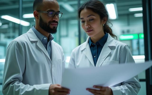 Two diverse engineers reviewing blueprints in a bright, modern lab with green technology equipment.